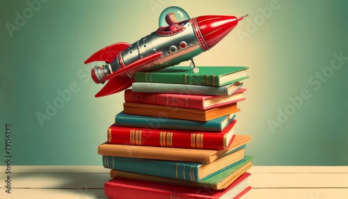 Illustration of a toy rocket perched atop a stack of books, ready for launch photo