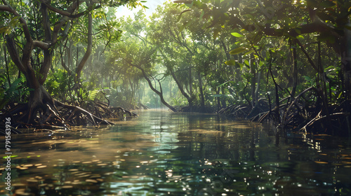 A dense mangrove jungle with meandering streams and unique fauna. photo