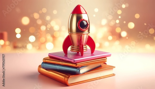 Illustration of a toy rocket perched atop a stack of books, ready for launch photo