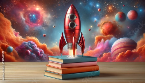 Illustration of a toy rocket perched atop a stack of books, ready for launch photo