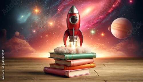 Illustration of a toy rocket perched atop a stack of books, ready for launch photo