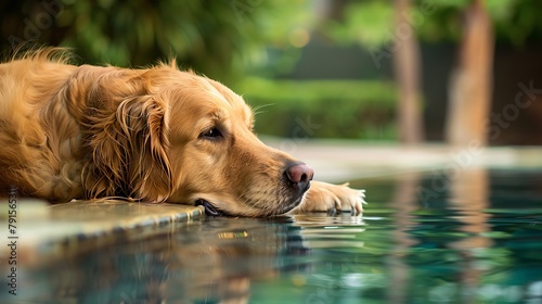 Golden retriever lying by the pool