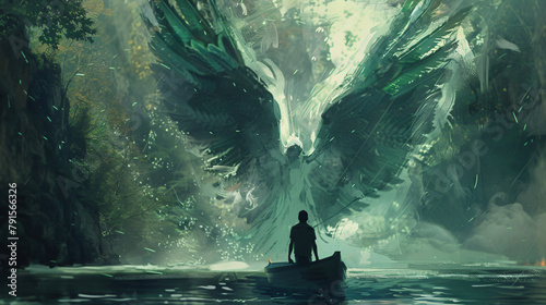Man on boat facing a legendary angel in the dark forest