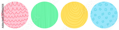 Round stickers with various hand-drawn pencil crosshatch textures. Design Vector naive doodle patterns.