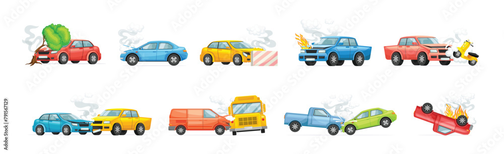 Fototapeta premium Car Crash and Accident on the Road Vector Set