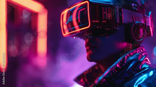 Macro view of a neon colored cyberpunk hacker wearing VR glasses AI generated illustration