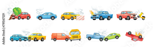 Car Crash and Accident on the Road Vector Set