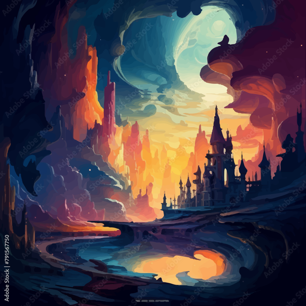 Illustration. Bright fantastic landscape. Mountains, canyon, caves. Fantastic castle in the mountains. Illustration. Bright fantastic landscape. Mountains, canyon, caves. Fantastic castle in the mountains.
