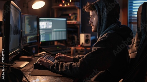Man working on computer with dual monitors and keyboard in a hoodie at home office