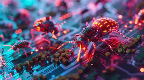 Neon colored cyberpunk insects crawling on a light-up surface AI generated illustration