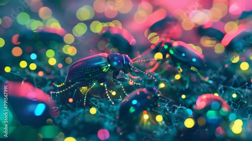 Neon colored cyberpunk insects crawling on a light-up surface  AI generated illustration © ArtStage