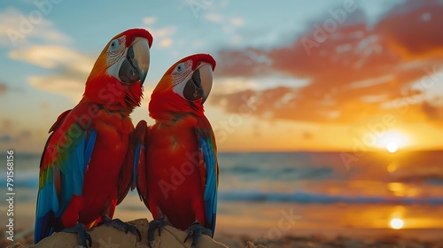 red and blue macow parrot birds on the beach with sunset background photo