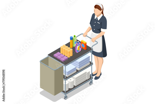 Isometric Professional chambermaids cleaning floor in hotel room. Chambermaid in uniform using vacuum cleaner while cleaning floor covering in one of hotel room