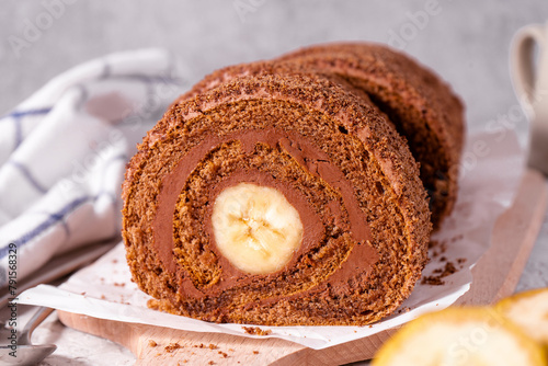 Banana Chocolate Swiss Roll Cake, Sponge Roll with Chocolate Filling