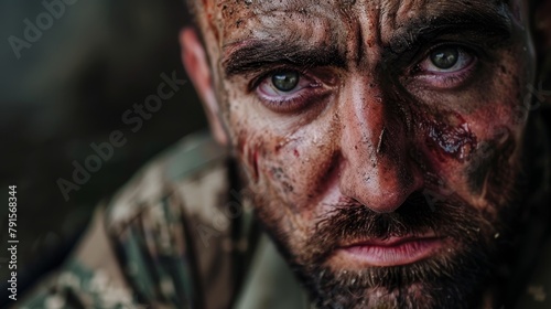 Pained expression on a wounded soldiers face  AI generated illustration photo