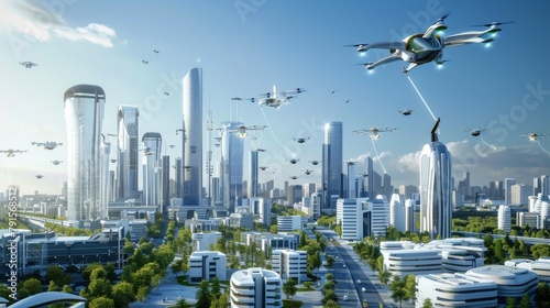 Plan for a futuristic cityscape with flying cars AI generated illustration
