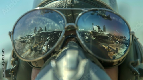 Reflection of a fighter jet in a squad leaders sunglasses  AI generated illustration © ArtStage