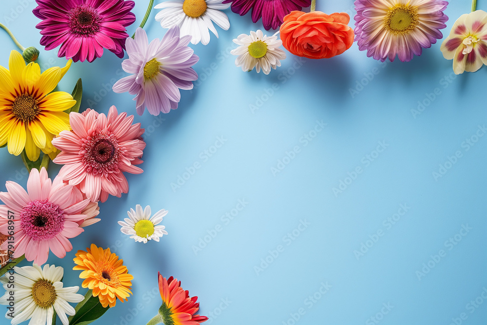 Colorful flowers on colorful background with copyspace