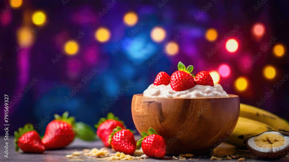 Creamy, strawberry banana, smoothie, in a coconut bowl, neon lighting bokeh in background, professional, food ad photography, delicious looking, restaurant menu