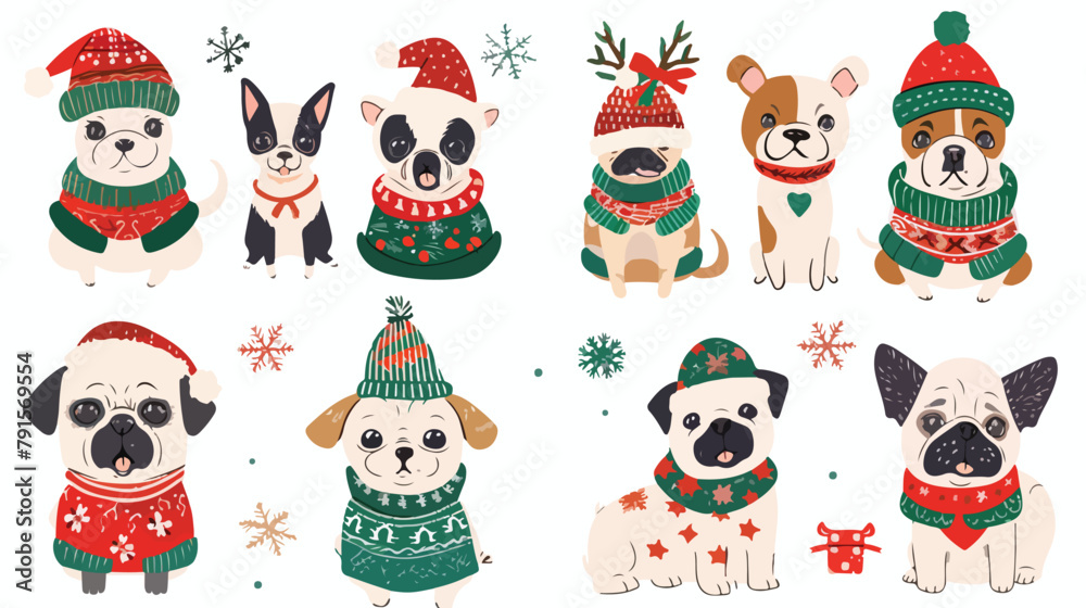 Christmas collection of dogs. Vector illustration wit