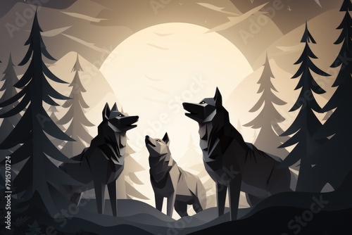 wolf pack in forest landscape at full moon paper art illustration photo