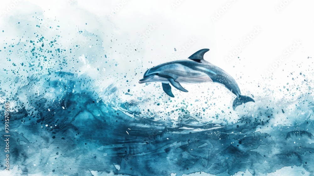 Naklejka premium graceful dolphin leaps amidst the swirling blues of a watercolor sea, embodying the freedom and dynamic movement of oceanic life in a fluid and expressive art piece.