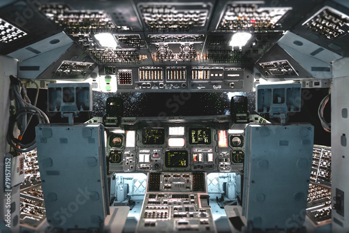 Fototapeta Naklejka Na Ścianę i Meble -  Space shuttle dashboard. Spaceship cockpit with lots of control buttons.
