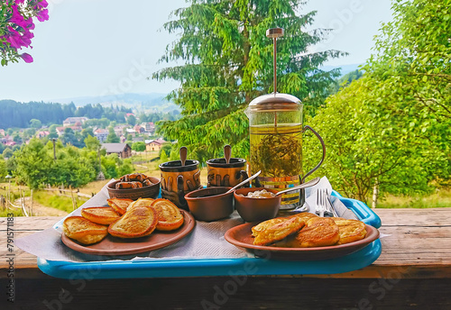 The breakfast in Carpathians, Ukraine photo