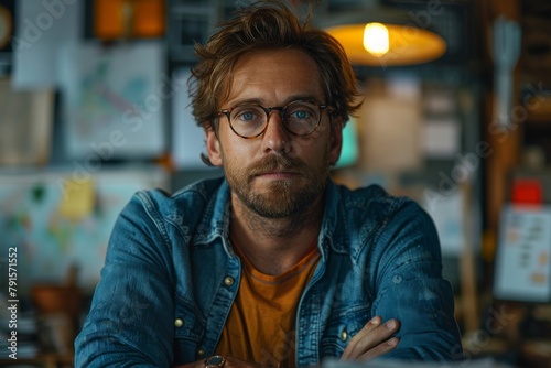A contemplative man in a denim jacket, sporting glasses, rests pensively in a creative indoor setting
