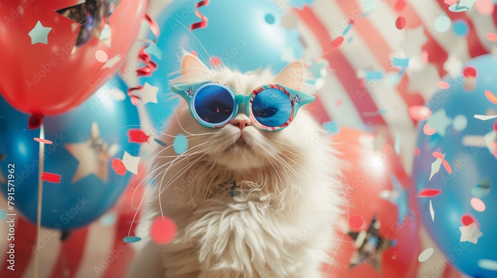 white persian cat wearing blue star shaped sunglasses with US flag themed blue and red balloons with stars for 4th of July
