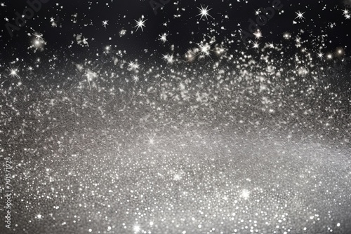 Silver glitter texture background with dark shadows, glowing stars, and subtle sparkles with copy space for photo text or product