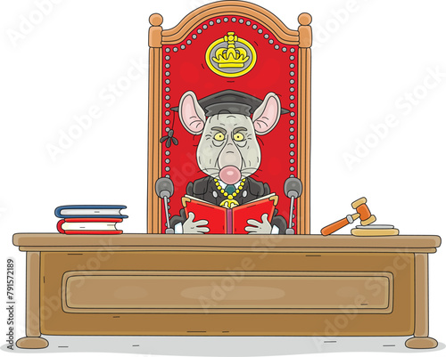 Old mangy rat judge in a black gloomy judicial official robe studying a case and reading a verdict, vector cartoon illustration on a white background