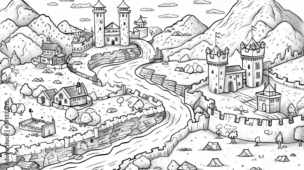 Medieval city fantasy area map sketch. 