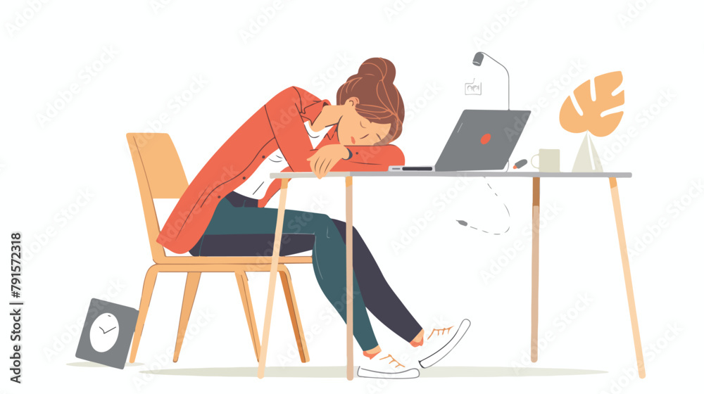 Concept burnout working woman or student sitting at a