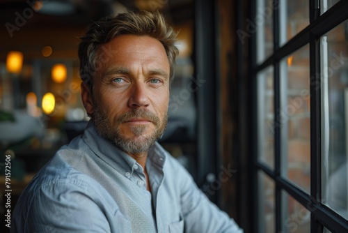 Thoughtful and handsome man looks through a window with reflective contemplation in a cozy indoor setting