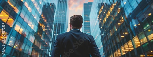 A businessman gazing out from the back, his figure framed by the towering glass structures of a corporate skyline photo