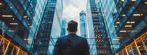 A businessman gazing out from the back, his figure framed by the towering glass structures of a corporate skyline