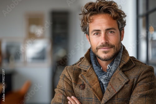 A stylish man in a cozy winter coat stands confidently indoors with a pleasant smile and modern decor around him