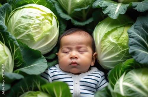 asian toddler boy in cabbage. new born baby sleeping at garden on ground surrounded by vegetables