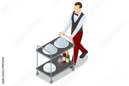 Isometric Waitress in uniform delivering tray with food in a room of hotel. Enjoy the Holiday and Vacation. Room service.