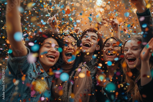 A joyful group of laughing friends is immersed in a blizzard of colorful confetti, a scene full of life and energy