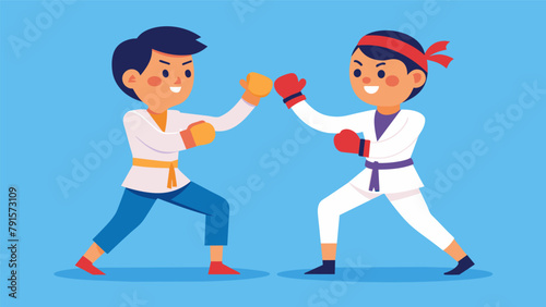 Two students engage in a friendly sparring match their faces filled with respect and admiration for one anothers skills.