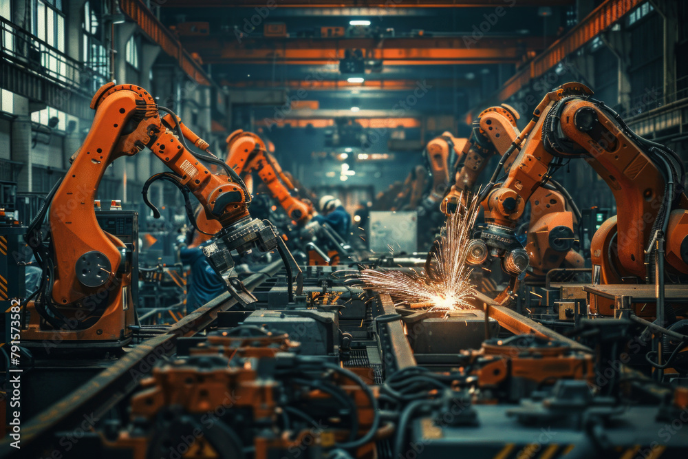 An expansive factory floor with robotic arms assemble intricate machinery while workers oversee the process with focused expertise. Sparks fly as metal is shaped An expansive factory floor with robotic arms assemble intricate machinery while workers oversee the process with focused expertise. Sparks fly as metal is shaped