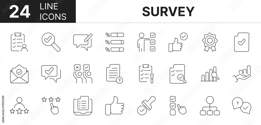 Collection of 24 survey line icons featuring editable strokes. These outline icons depict various modes of survey. Feedback, rating, service, marketing, quality,