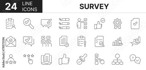Collection of 24 survey line icons featuring editable strokes. These outline icons depict various modes of survey. Feedback, rating, service, marketing, quality,