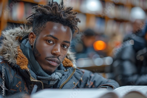 A serious-looking young man with dreadlocks gazing intently, studying in a library