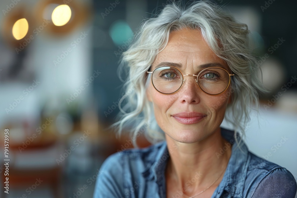 Stylish woman with curly gray hair, clear glasses, and a denim shirt looking thoughtful Stylish woman with curly gray hair, clear glasses, and a denim shirt looking thoughtful