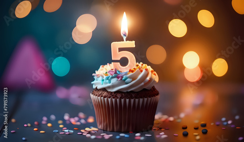 Birthday cupcake with lit birthday candle. Number five for five years or fifth anniversary. © Myvector