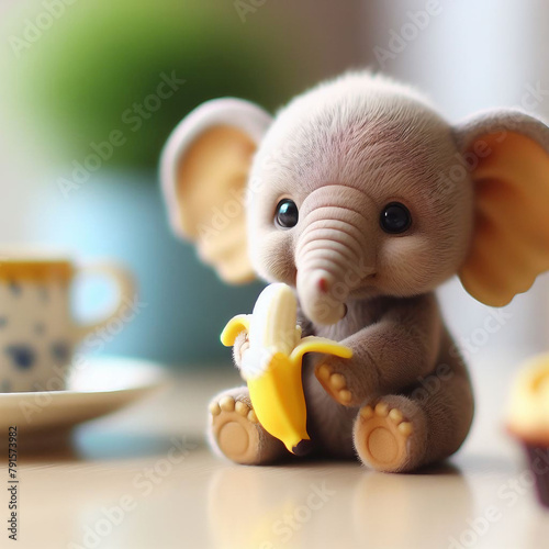 Tiny Baby Elephany holding a Banana,cute,illustration photo