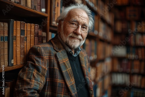 A cheerful older gentleman with glasses and a tweed jacket stands in a library, giving off a warm, scholarly vibe photo